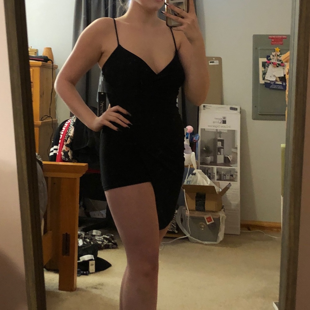 Black asymmetrical mini dress